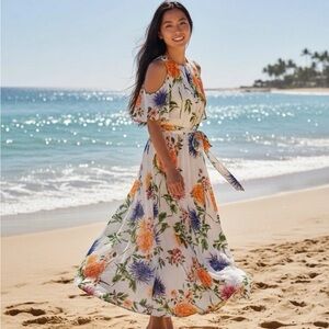 Calvin Klein Maxi Dress Women's 8 Floral Cold Shoulder Waist Tie Multicolor